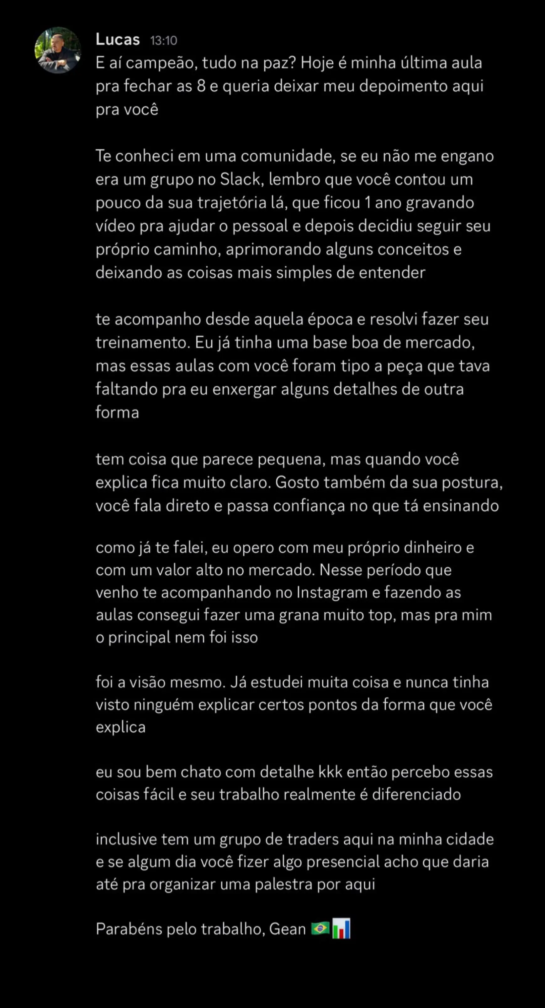 Feedback completo de Lucas sobre a Mentoria Individual de Gean Patrick