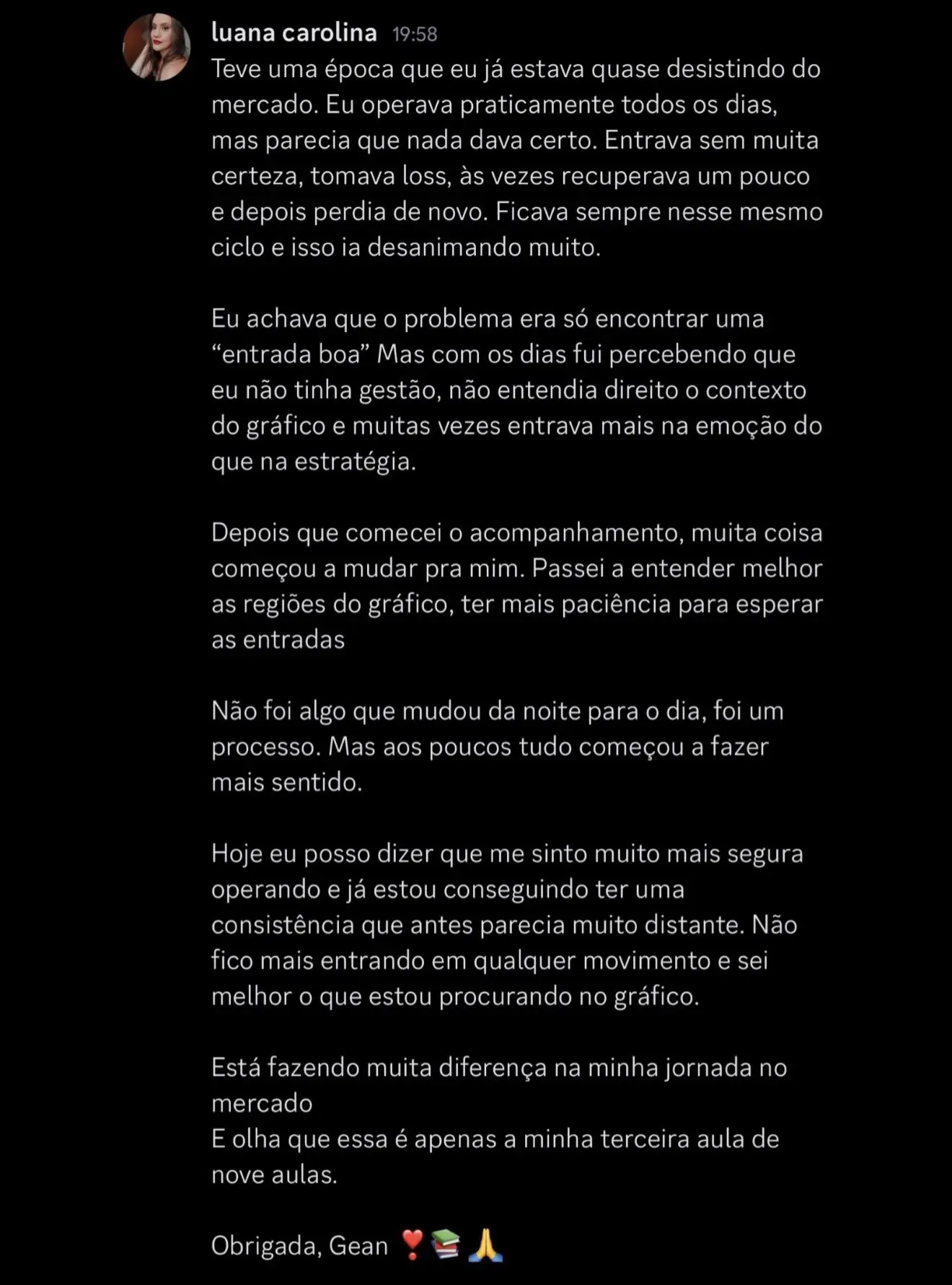 Feedback de Luana sobre a Mentoria Individual de Gean Patrick