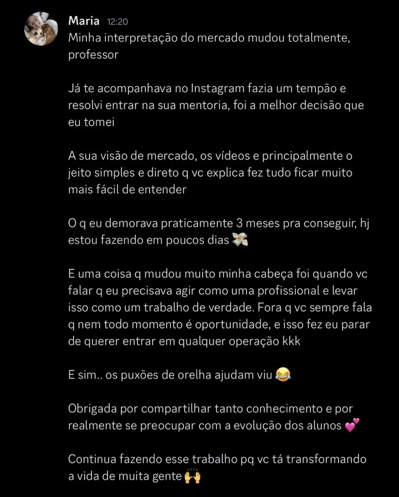 Feedback de Maria sobre a Mentoria Individual de Gean Patrick
