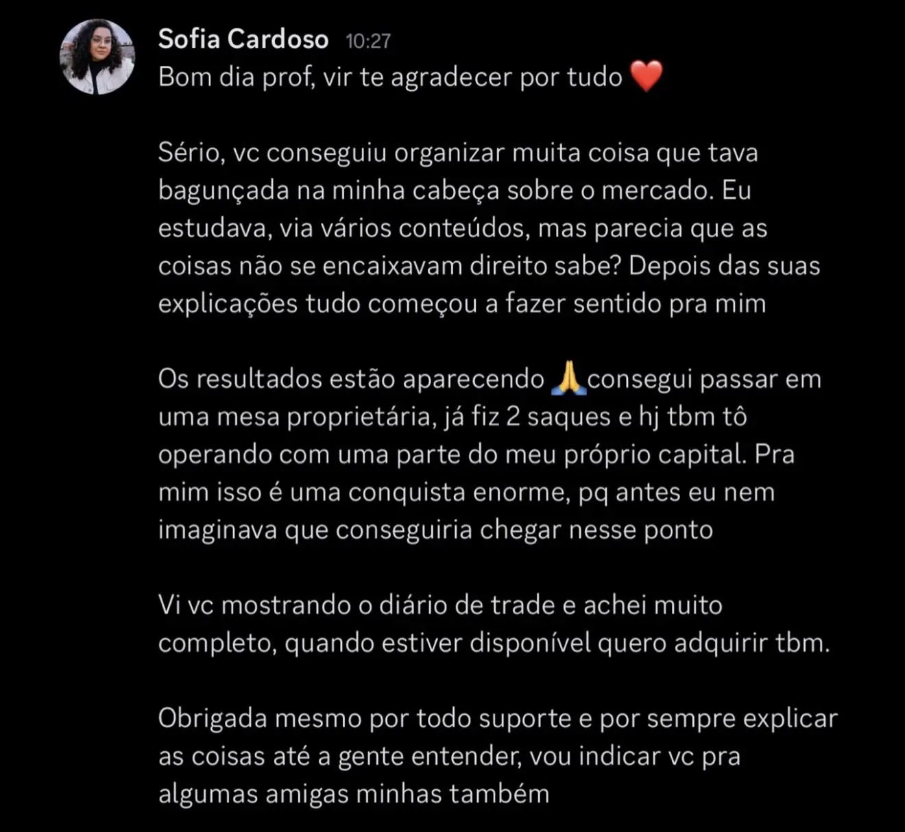Feedback de Sofia sobre a Mentoria Individual de Gean Patrick