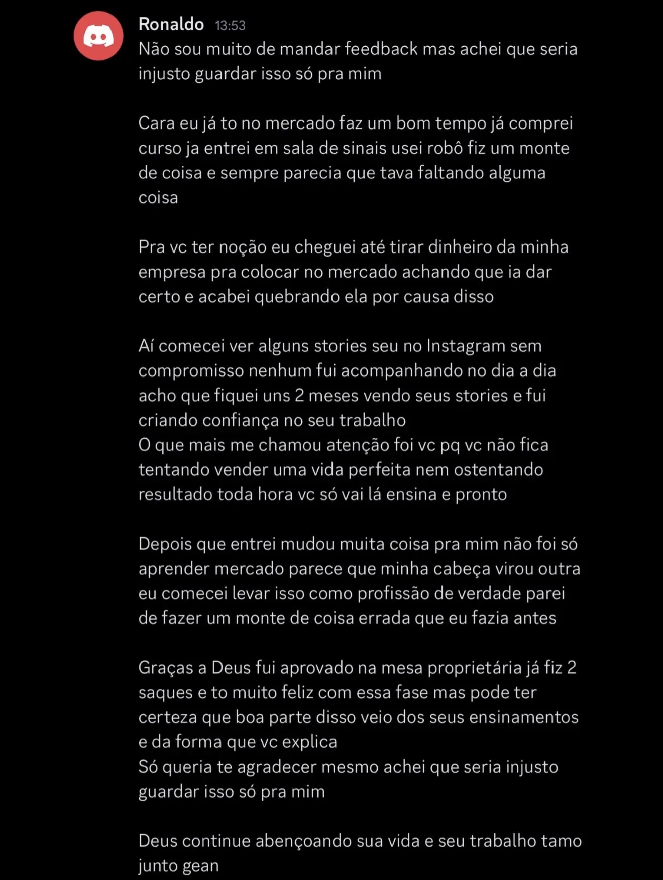Feedback de Ronaldo sobre a Mentoria Individual de Gean Patrick
