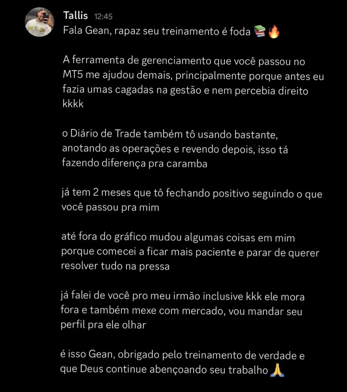 Feedback de Tallis sobre a Mentoria Individual de Gean Patrick